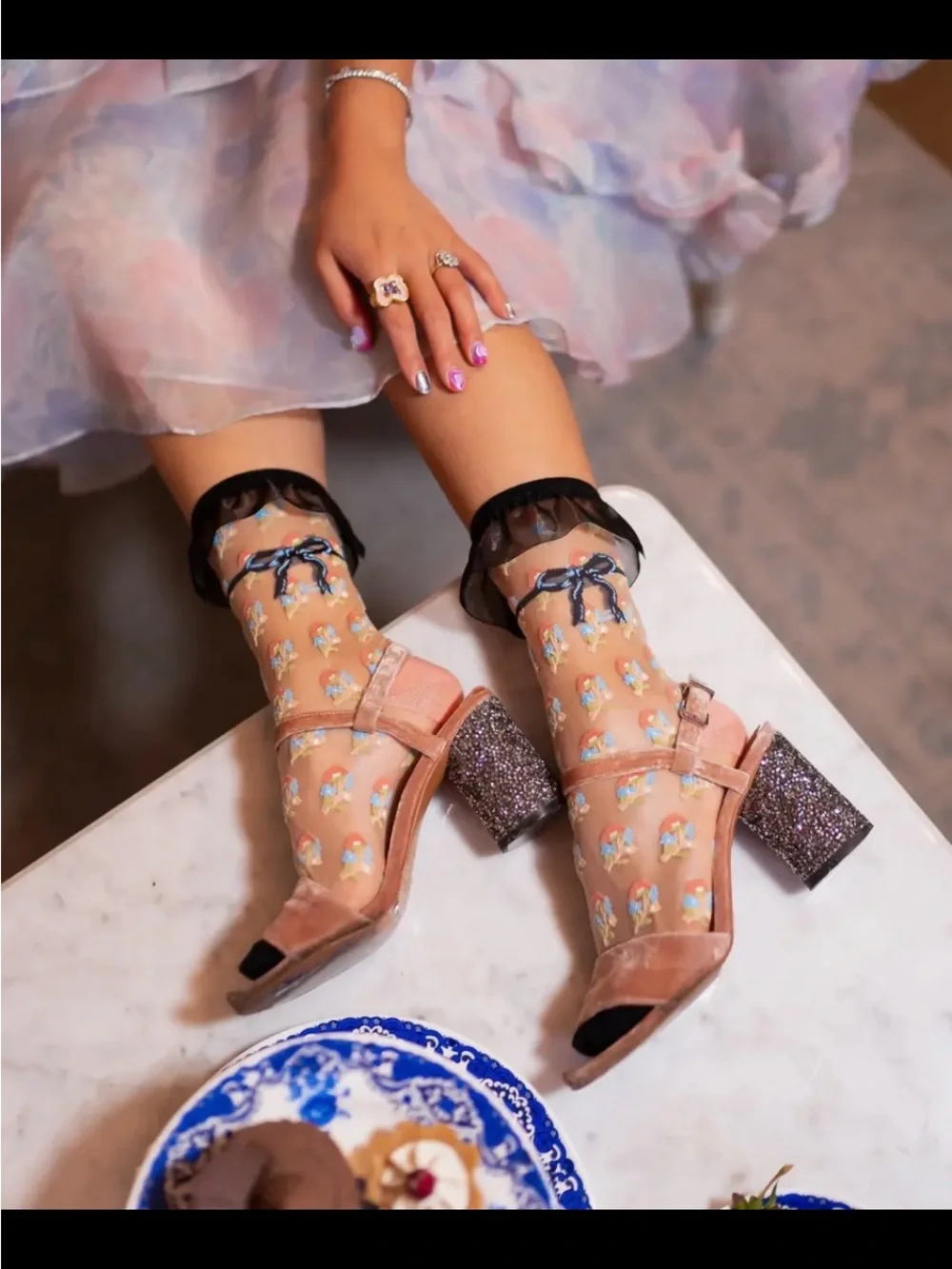 Sheer Floral Ankle Socks with Ruffle Trim. No offers.